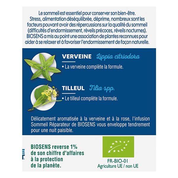 Biosens - Infusion Sommeil réparateur - Oranger, Mélisse, Tilleul et  Verveine - Certifié Bio AB - Fabriqué en France - 20 sachets : :  Epicerie